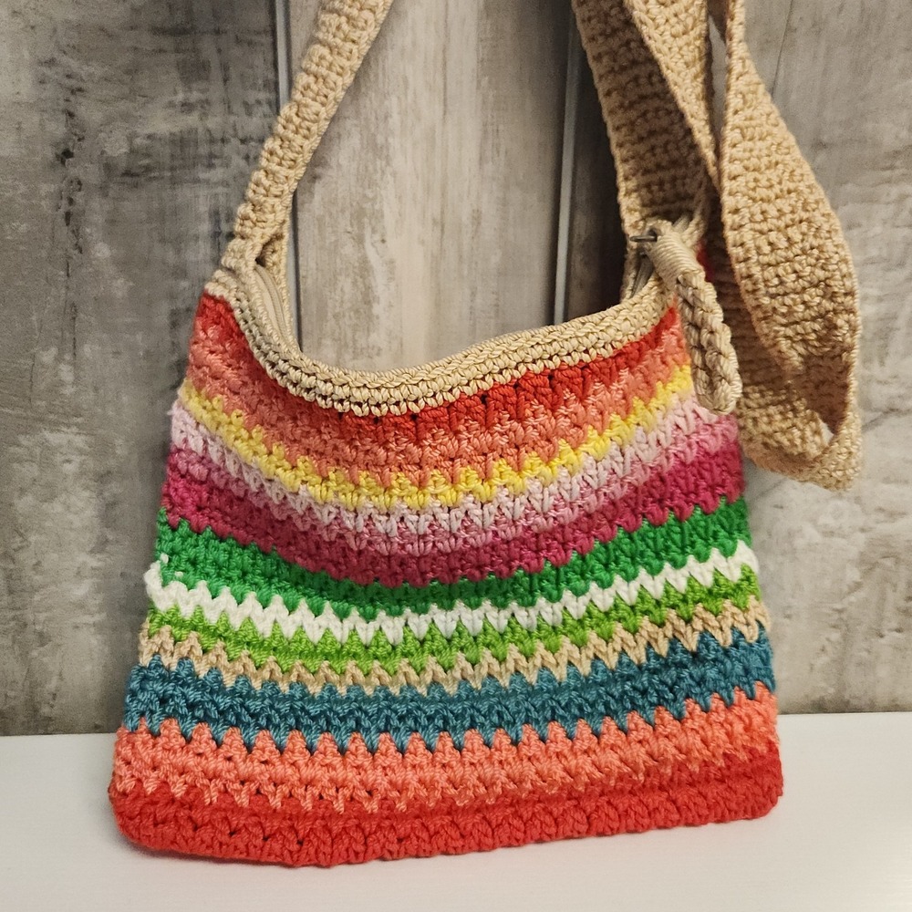 Vtg The Sak Crochet Shoulder Bag Y2K Multicolor Rainbow Stripe Boho Purse Tote - Picture 2 of 7